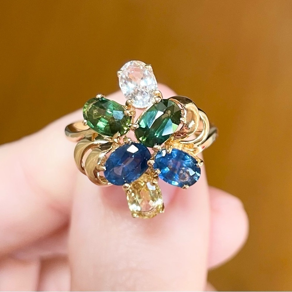 14K multicolor rainbow Genuine Sapphire oval cut cluster gold ring . - Picture 6 of 10